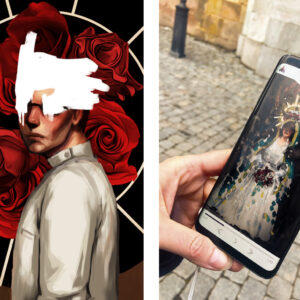 Two images, the first one is an illustration of Doctor Gabriel Glas. His face is obscured. In the second image, a person who is on a walking tour is holding a smartphone. On the screen, a puzzle is visible