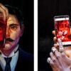 Two images, where the first is an illustration of Dr Jekyll holding a glass of red liquid in front of his face. In the second image, a person who is on a walking tour is holding a smartphone in their hand. On the screen, a puzzle is visible