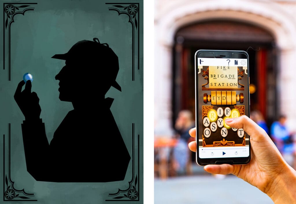 Two images, the first one is an illustration of Sherlock Holmes holding up a blue jewel. In the second image, a person on a walking tour is holding up a smartphone. On the screen, a puzzle is visible