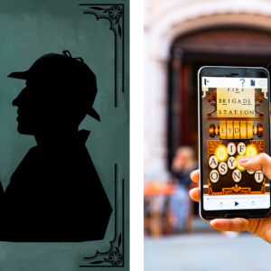 Two images, the first one is an illustration of Sherlock Holmes holding up a blue jewel. In the second image, a person on a walking tour is holding up a smartphone. On the screen, a puzzle is visible
