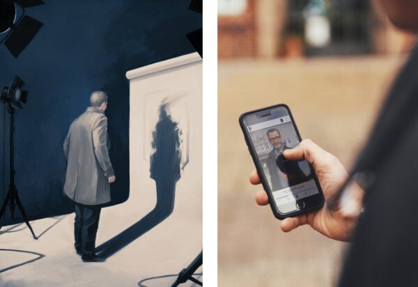 Two images, where the first is an illustration of Kurt Wallander standing in front of a photo screen, with his back turned towards us. In the second image, a person is on a walking tour, holding a smartphone in his hand. On the screen, a puzzle is visible