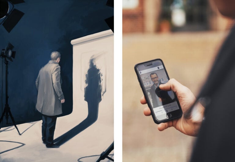 Two images, where the first is an illustration of Kurt Wallander standing in front of a photo screen, with his back turned towards us. In the second image, a person is on a walking tour, holding a smartphone in his hand. On the screen, a puzzle is visible