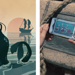 Two images, the first one is an illustration of The Little Mermaid sitting on her rock, looking out at the sea. In the second image, a person on a walking tour is holding up their smartphone. On the screen, a puzzle is visible