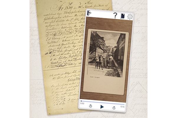 an old, yellowed document and a photograph of a Lund city street in the early 1900's