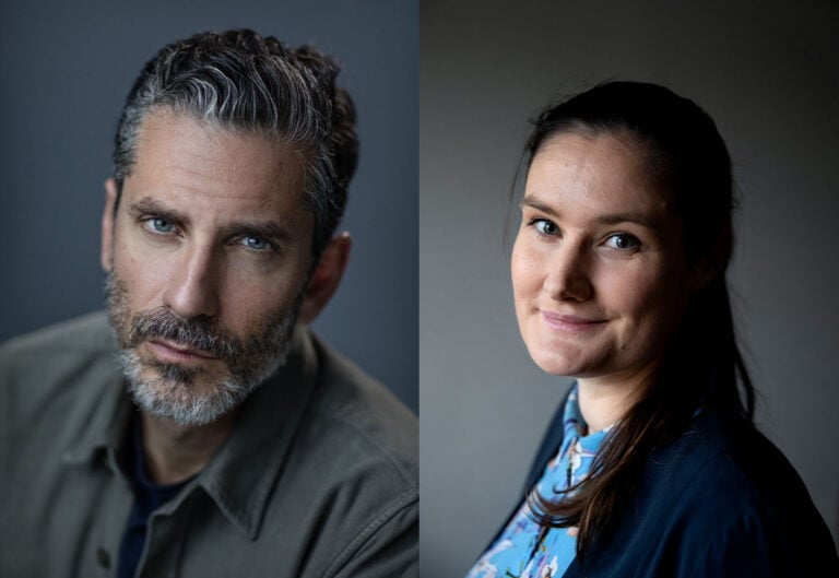 Porträttfoton av författaren Jens Lapidus och StoryTourists grundare Johanna Forsman