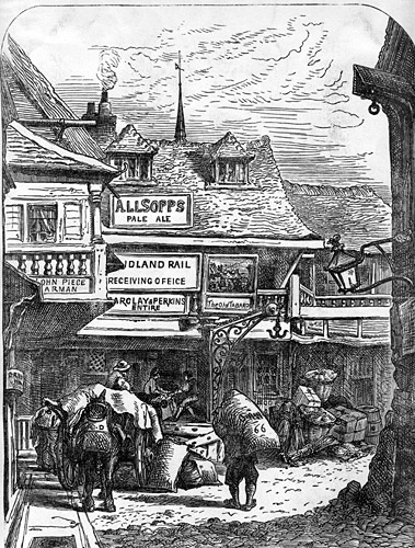 A black and white illustration of what the Tabard Inn looed like in the 1850's