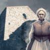 An animated image of an old woman dressed in old-fashioned clothing. She has a somber look on her face. In the background is the Kajsarn prison tower.