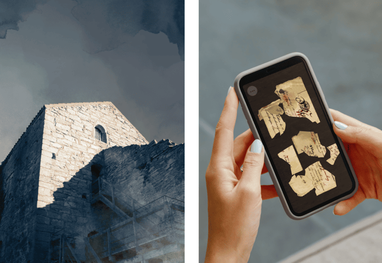 An image of the Kajsarn prison tower in Visby. Next to it is a woman's hands, holding a smartphone with a puzzel of a torn up letter on the screen