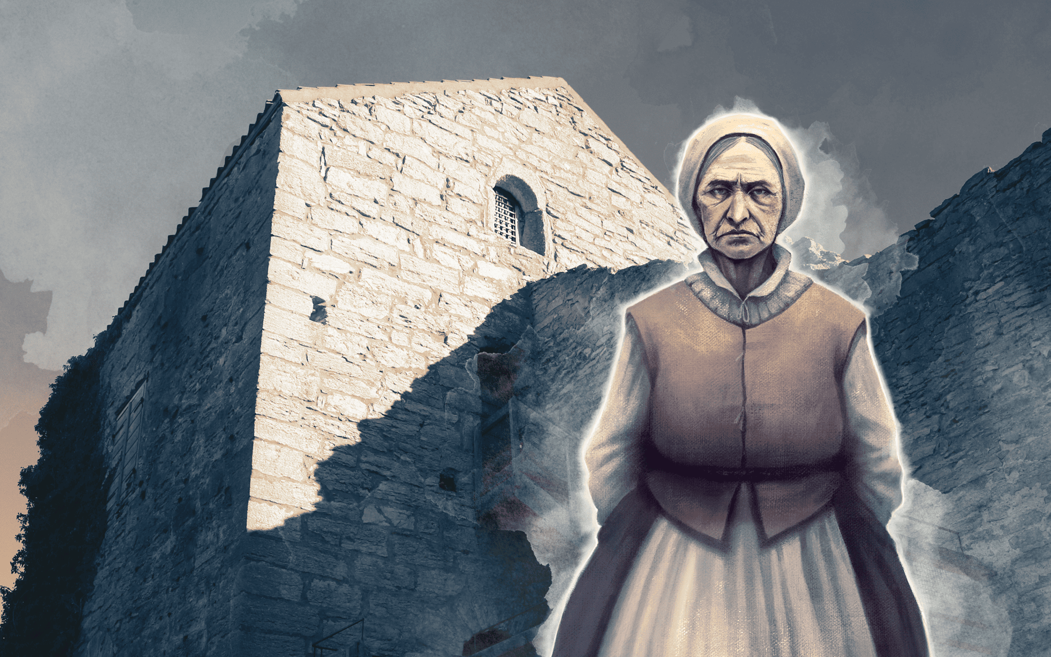 A ghost woman is standing in fron of an old stone building. She has a grim look on her face.