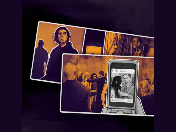 A drawn image of on of the in app interactions with Jorge. He is at a party, spying on Jetset Carl.